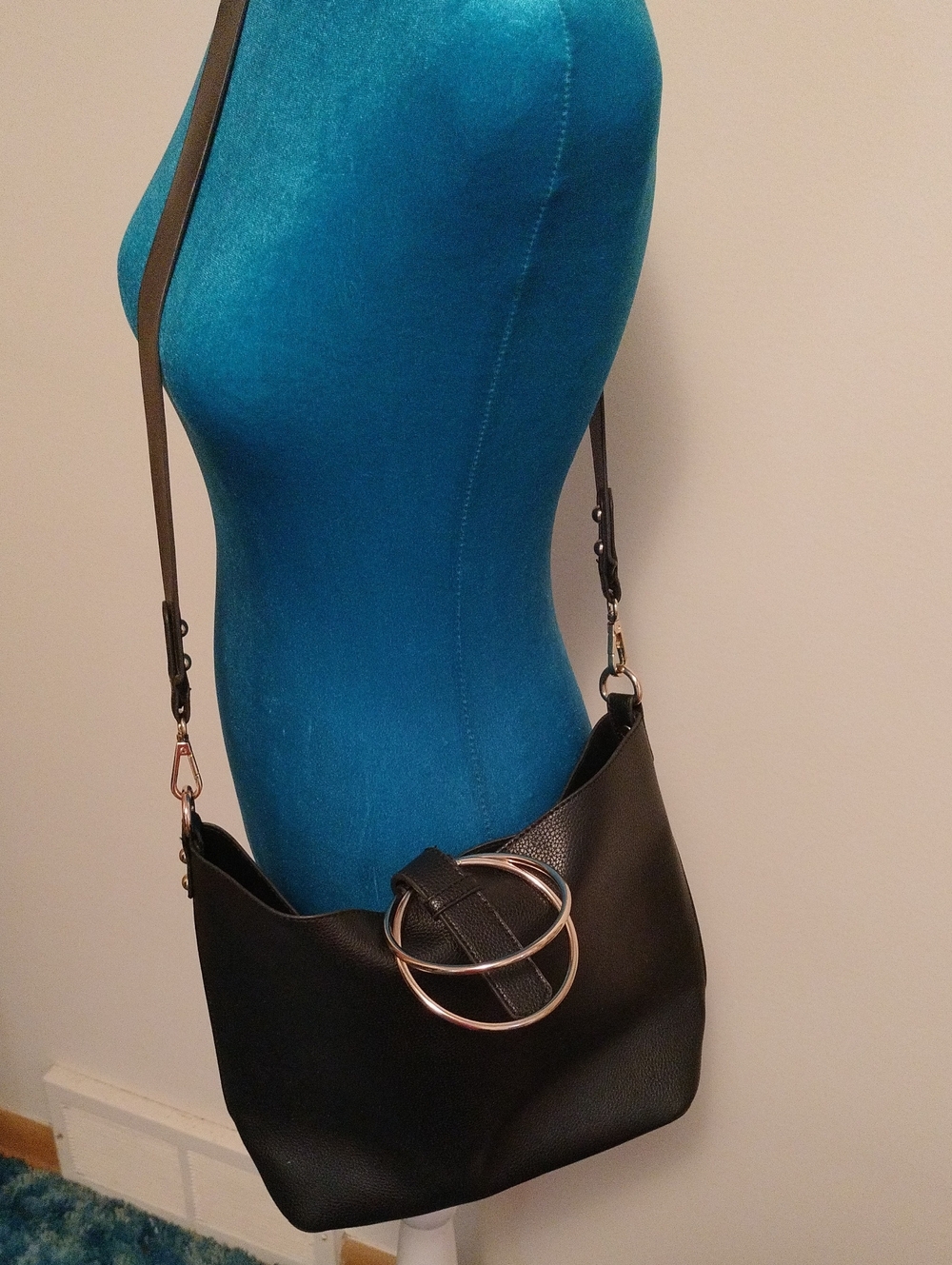 Black Faux Leather Crossbody Bag with Decorative Ring